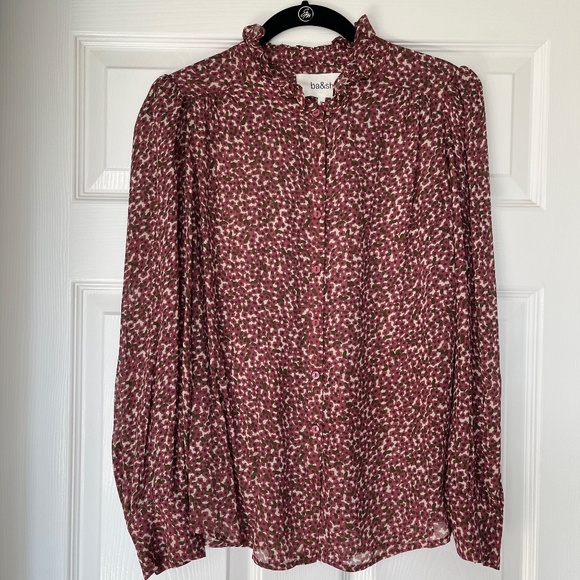 Ba&sh Pabi Printed Ruffle Neck Button-Front Blouse in Framboise, size 0 (XS) - Picture 5 of 9